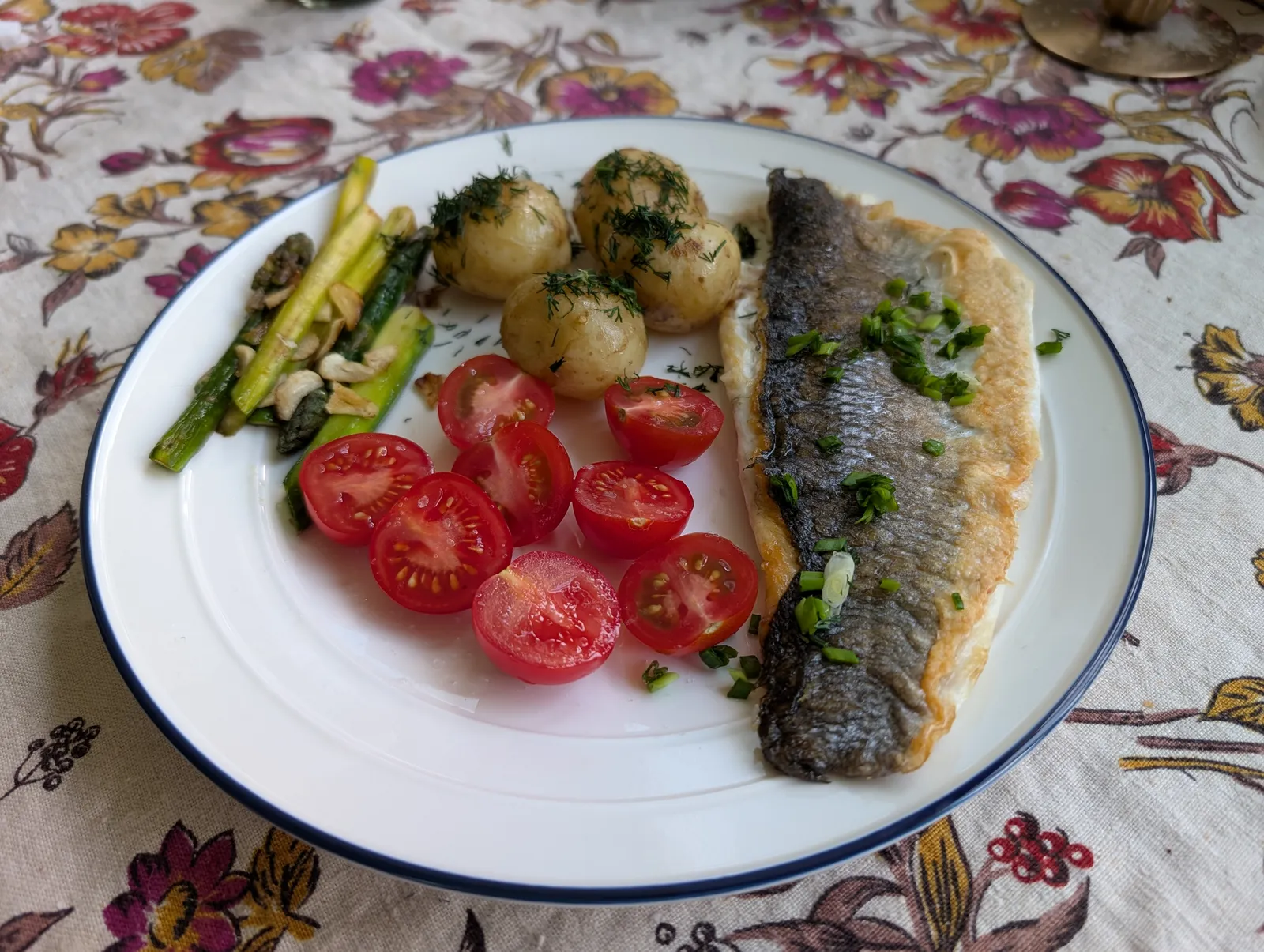 Baked seabass with young potatoes